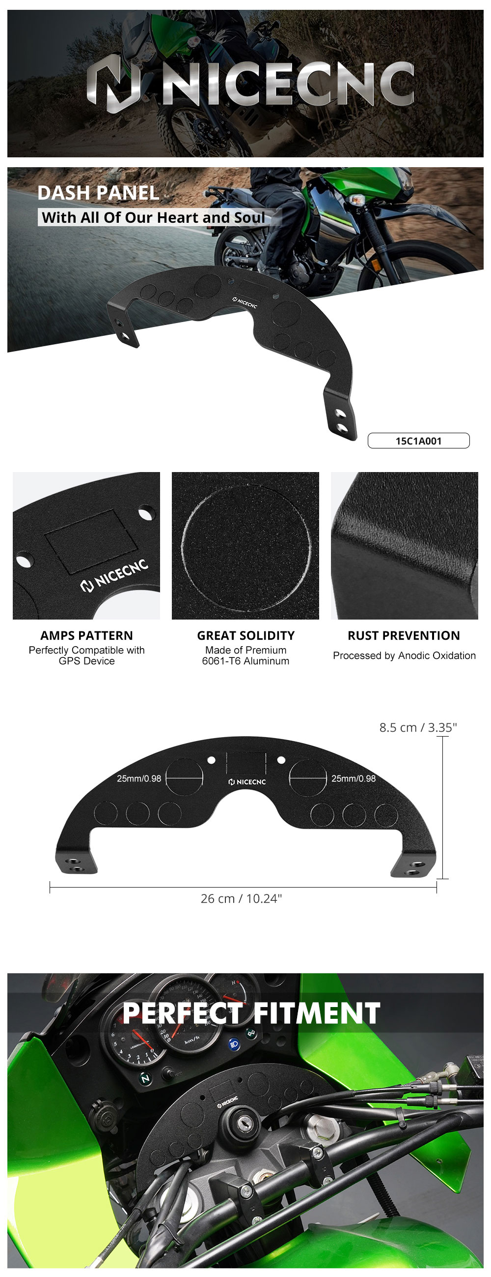 Black Aluminum Lower Dash Panel For Kawasaki KLR650 2008-2018 – Front Mount, Xitomer Aftermarket